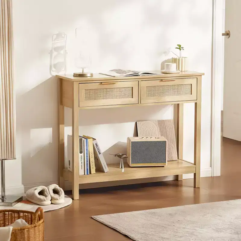 VEVOR Rattan Console Table with 2 Storage Drawers, Rattan Entryway Table with Natural Rattan Sliding Door, Console Sofa Table, Natural