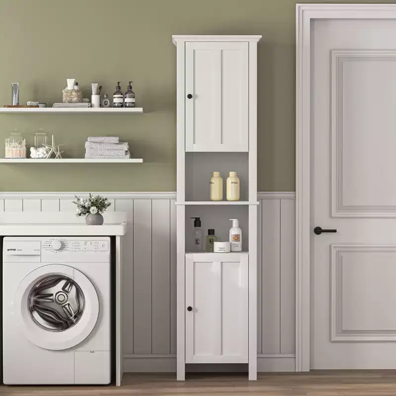 MAYEERTY Bathroom Floor Storage Cabinet with 2 Doors & 6 Shelves, Multifunctional Wooden Cabinet for Living Room Bathroom