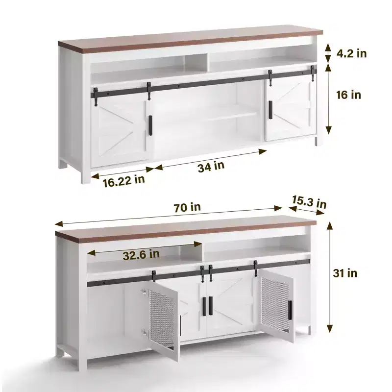 GustoWave Farmhouse TV Stand, Heavy-Duty TV Console Media Cabinet with Adjustable Shelf & Sliding Barn Door for Living Room, Bedroom, White/Walnut