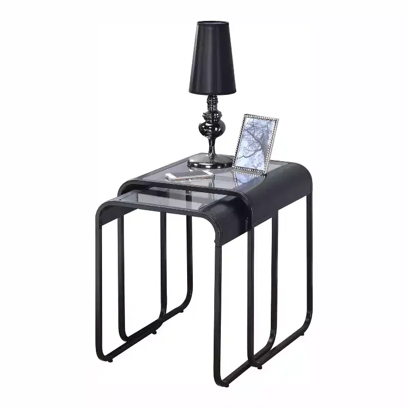24/7 Shop At Home 2pc Abramma Metal Nesting Table Set Black: Modern Tempered Glass, Bronze Plated Finish, Rectangle Shape