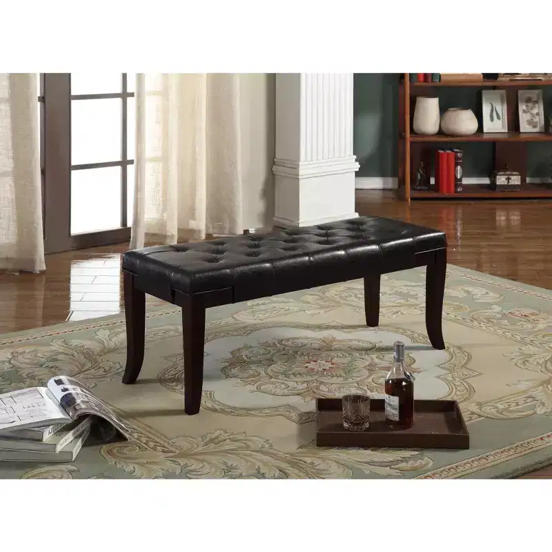 Tufted Ottoman Bench, Button-Tufted Faux Leather Upholstered Bench with Espresso Wood Legs, 44