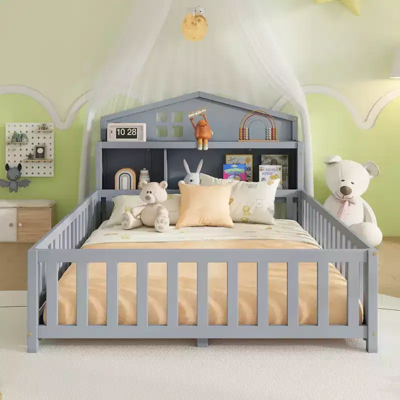 Full Size Montessori Floor Bed with Bookcases, Blackboards and Storage Headboard, Grey