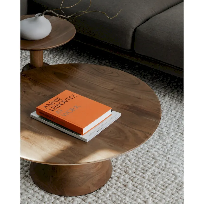 Black / Natural, Modern Round Pedestal Coffee Table for 1 – Solid Wood, 30W x 30D x 14H
