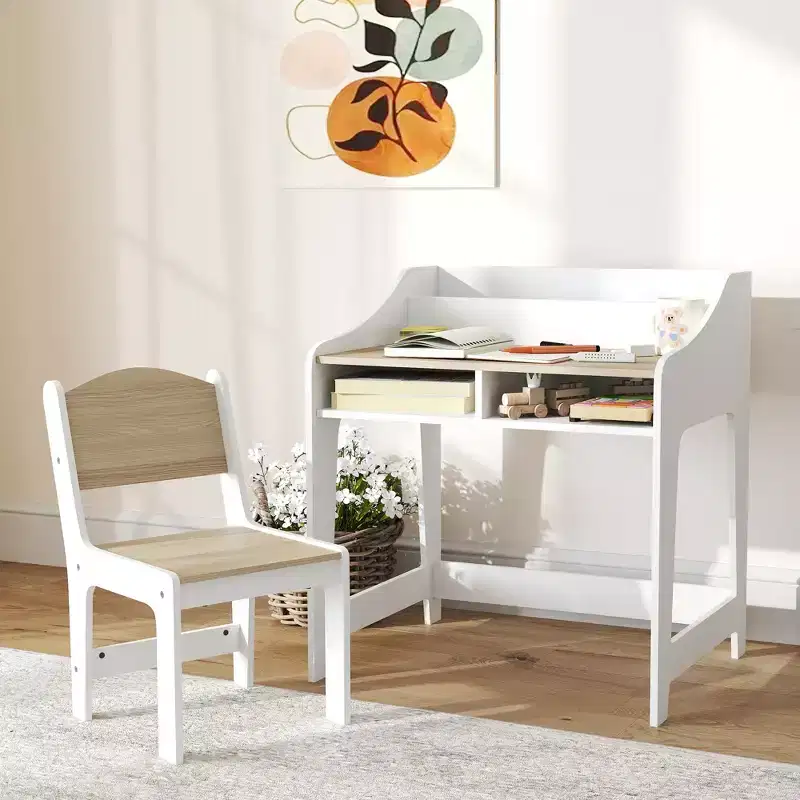 Qaba Kids Desk and Chair Set, Children Study Table with Storage Shelves, Student Writing Desk for Bedroom & Study Room, 3-8 Years Old