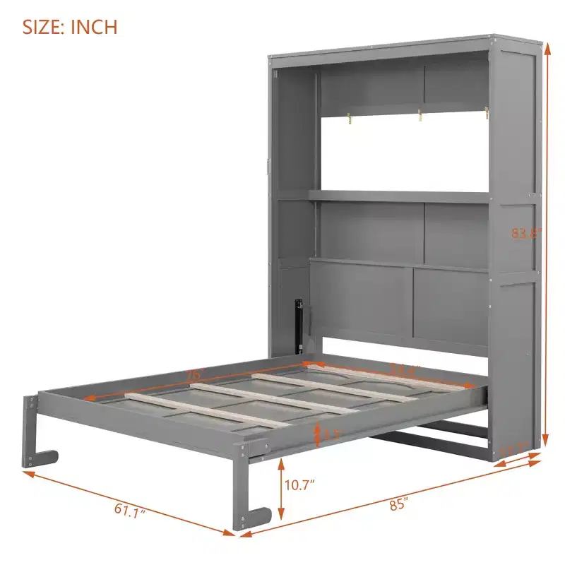 Full/Queen Murphy Bed with Built-In Shelves White/Gray