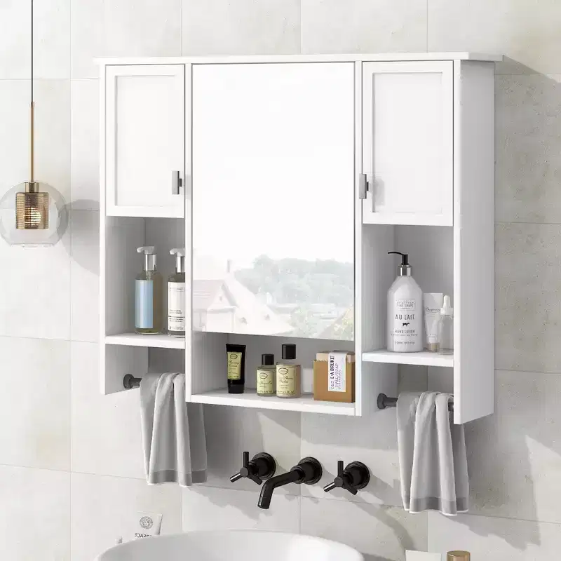 28.7-Inch Wall Mounted Bathroom Mirror Cabinet with Concealed Storage and 6 Open Shelves, White