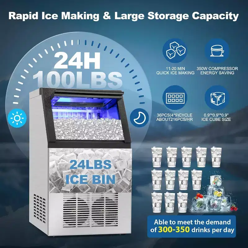 Denjol 14 in Commercial Ice Machine: 100 lb./24H, 20 lb. Storage - Freestanding with Dual Water Inlet & Stainless Steel