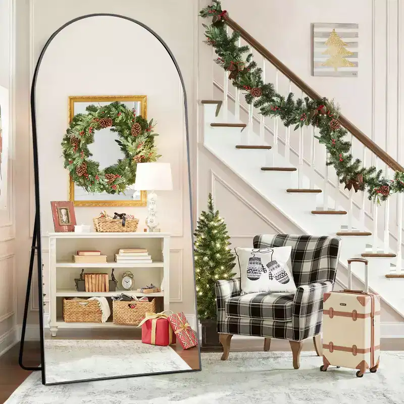 31 in. W x 71 in. H Full Length Arched Free Standing Body Mirror Metal Framed Wall Mirror Large Floor Mirror in Black