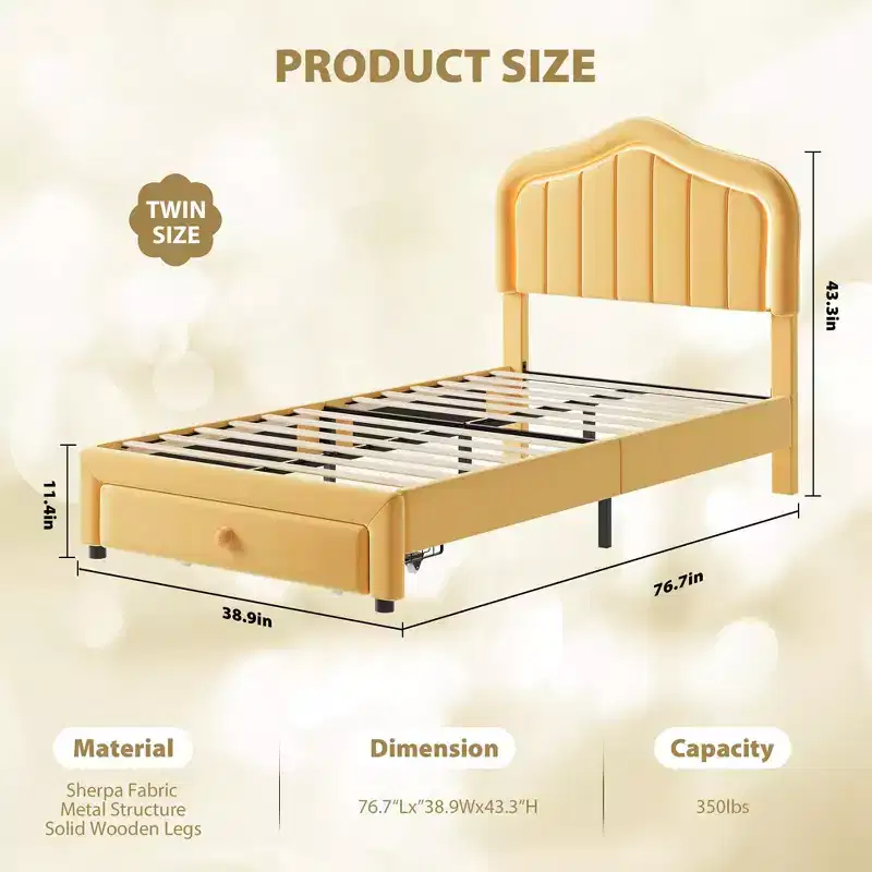 Twin Velvet Led Platform Bed with Storage Drawer & Headboard,Kids Bed Frame with Wooden Slats, No Box Spring Needed for Boys & Girls