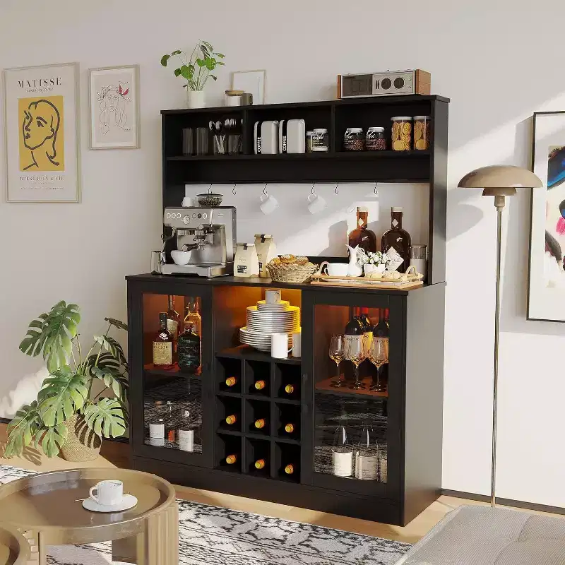Coffee Bar Cabinet with Power Outlet, Adjustable Shelves, Hooks, Sideboard Storage for Kitchen Dining, Black