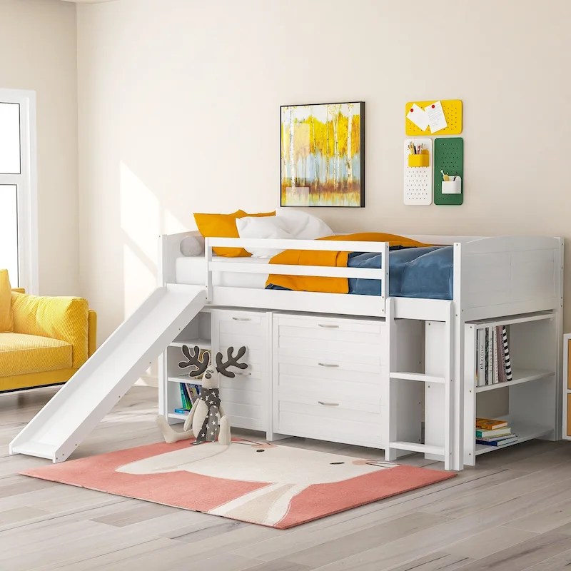 Twin Pine Low Loft Bed with Cabinets, Shelves, and Slide