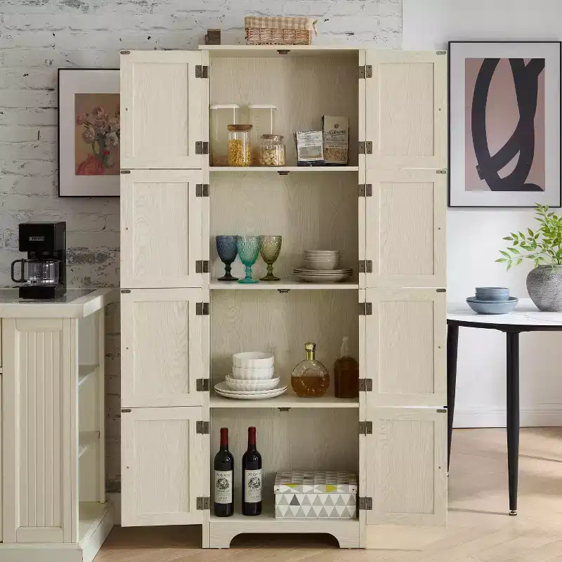 Farmhouse Tall Storage Cabinet with 8 Doors, 72 h Wooden Kitchen Pantry with 4 Shelves, 4-Tier Freestanding Bookshelf
