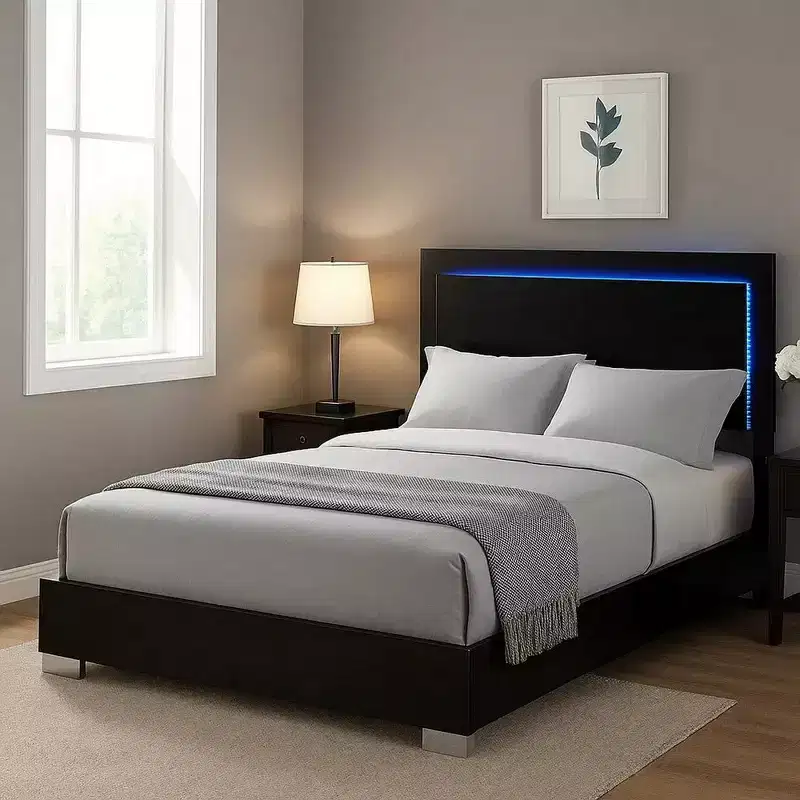 Queen Size Bed w LED Headboard, Piano Black Wood Frame