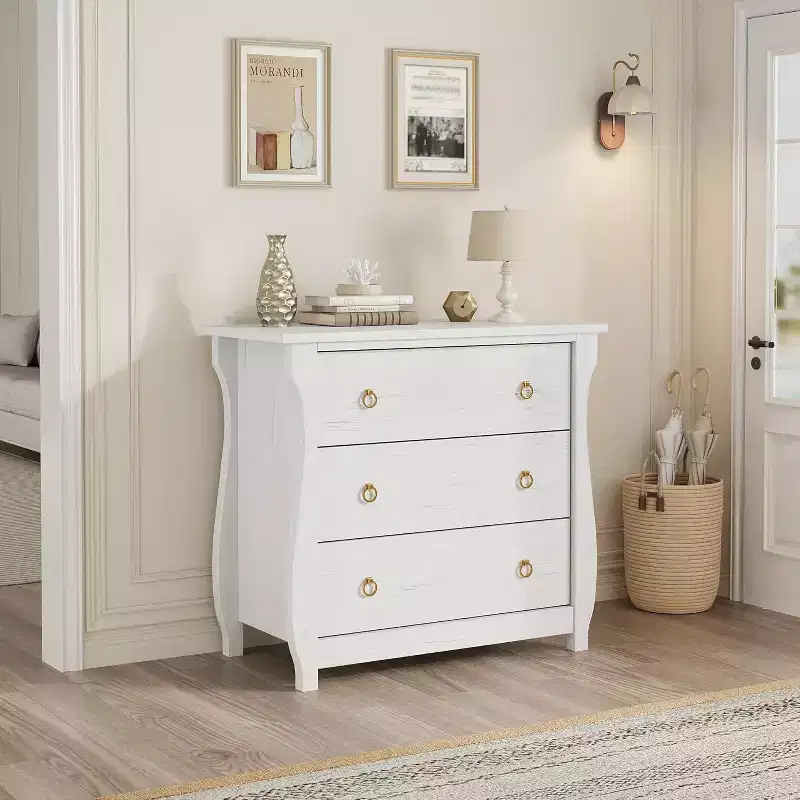 3-Drawer Dresser - Tall Boho Dresser with Curved Legs, Rattan Accents, and Freestanding Storage for Living Room, Bedroom, Entryway, or Balcony
