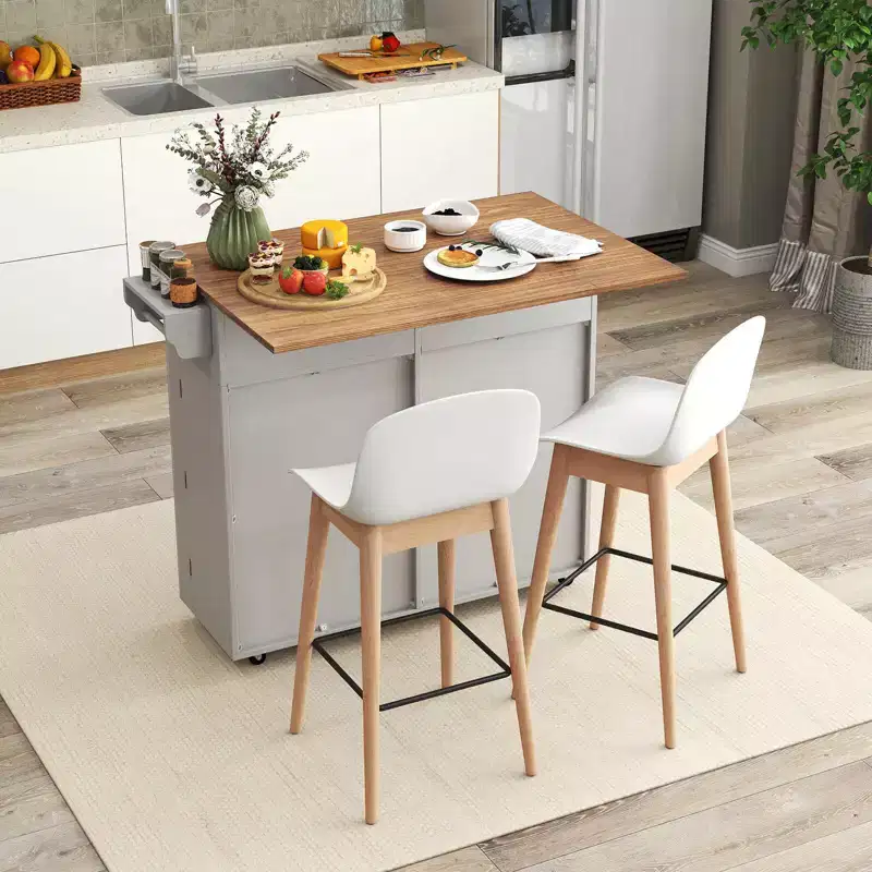 Costway Rolling Kitchen Island Kitchen Island Cart with Drop Leaf Trash Can Cabinet Black/White