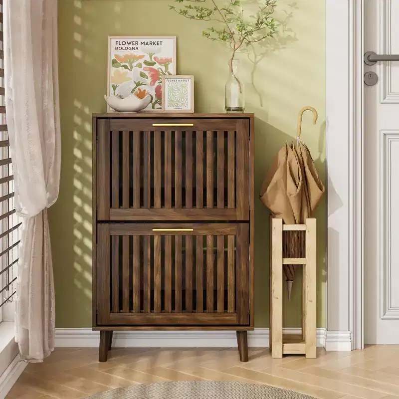 Modern Wooden Fence Shoe Cabinet with 2 Flip Drawers