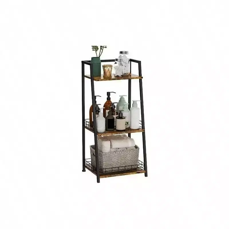 3 - Tier Bathroom Shelf with Fence Retro Organizer Wood and Metal Storage for Bathrooms Laundry Rooms Living Room