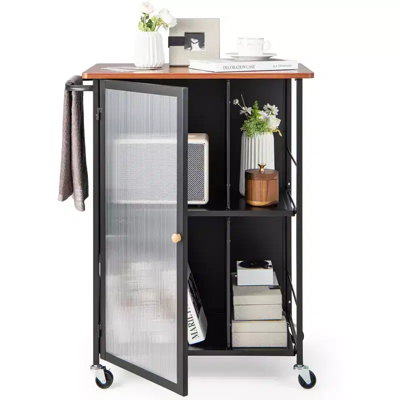 Mobile Serving Cart Metal Kitchen Trolley w/Transparent Single Door Cabinet