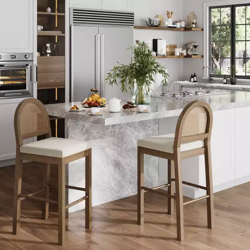 Boucle Counter Height Barstool with Rattan Back, Light Brown, 29