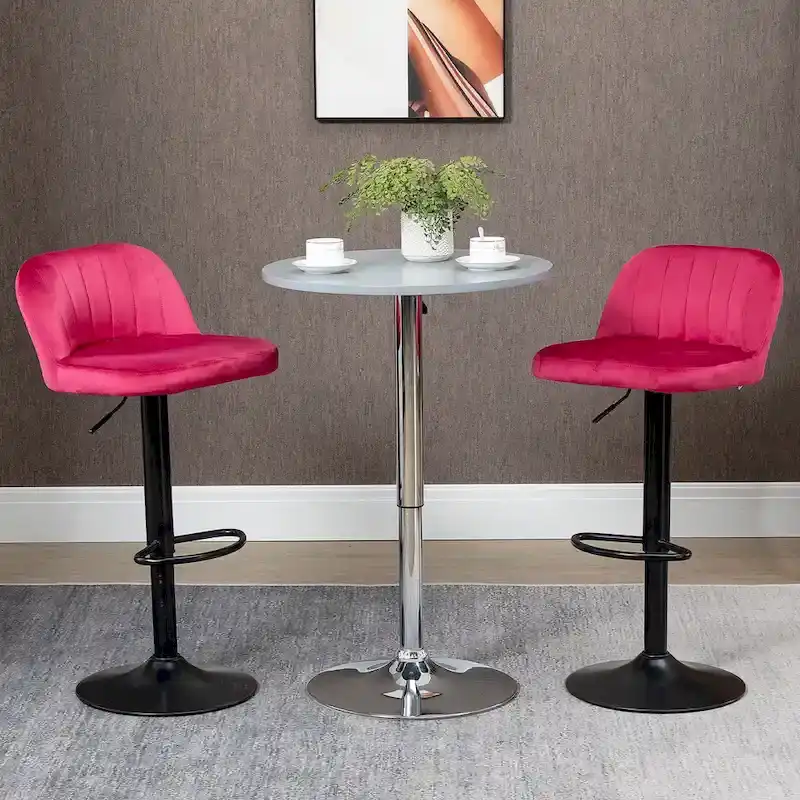 Adjustable Swivel Bar Stools Set of 2, Black/Grey/Red, Velvet Upholstered, Counter to Bar Height
