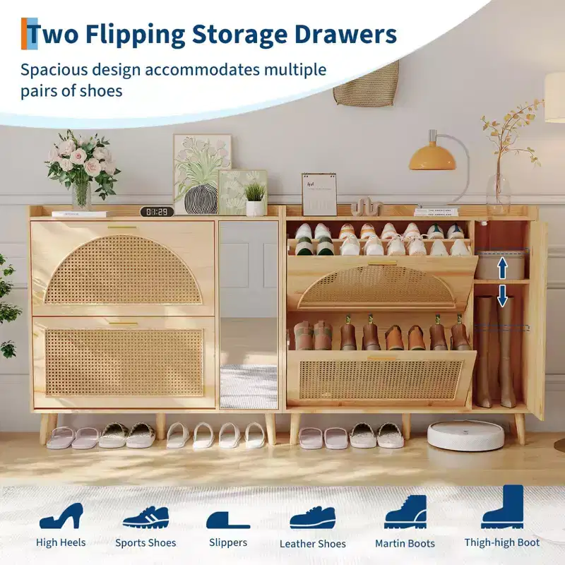 Shoe Cabinet, Entryway Cabinet  Natural Rattan Cabinet with 2 Flip Drawers & Mirror Adjustable Shelves