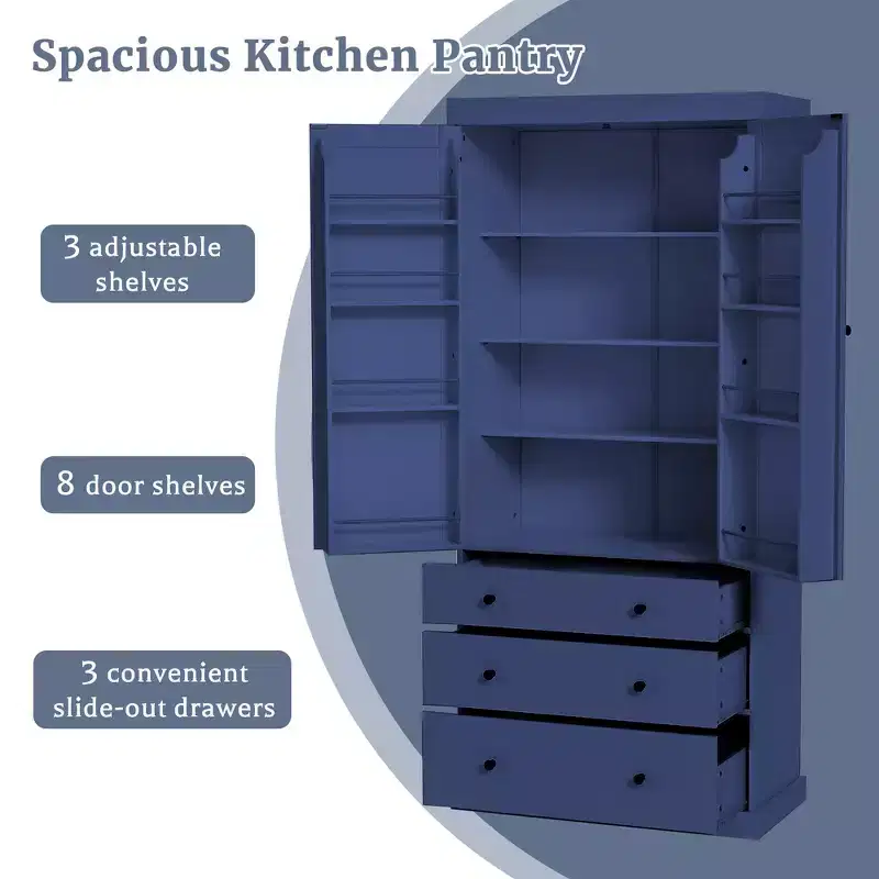 Freestanding Kitchen Pantry Organizer Cabinet, 3 Adjustable Shelves, 3 Drawers, 8 Door Shelves