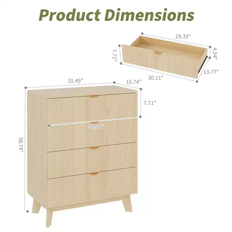 4 Drawer Dressers, Modern Fluted Closet Dressers Chest of Drawers, Wood Storage Dresser Chest of Drawers Organizer