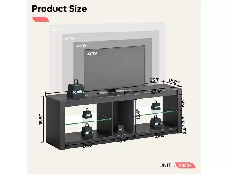Particle Board TV Stand with Glass Shelves 18.5''H x 55.12''W x 13.78''D