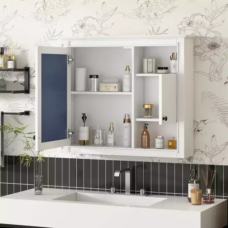 White Wall-Mounted Bathroom Mirror Cabinet, 2-Door, 1–2 Person Use