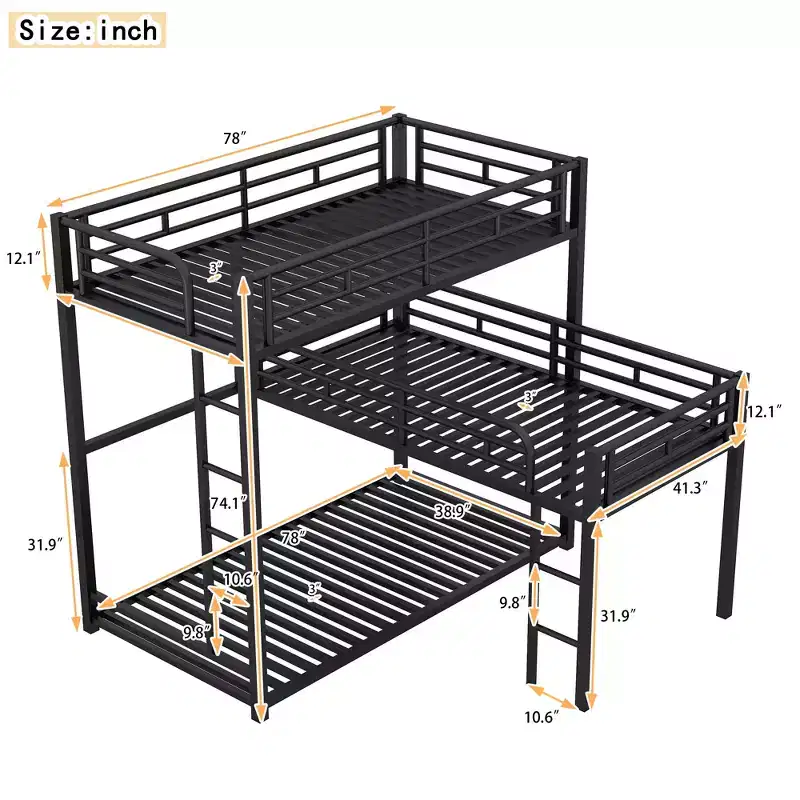 Metal Bunk Bed for 3 Kids, L-Shaped Twin Size Triple Bunk Bed Frame, 3 Beds Bunk Bed for Kids Teens Adults, Black