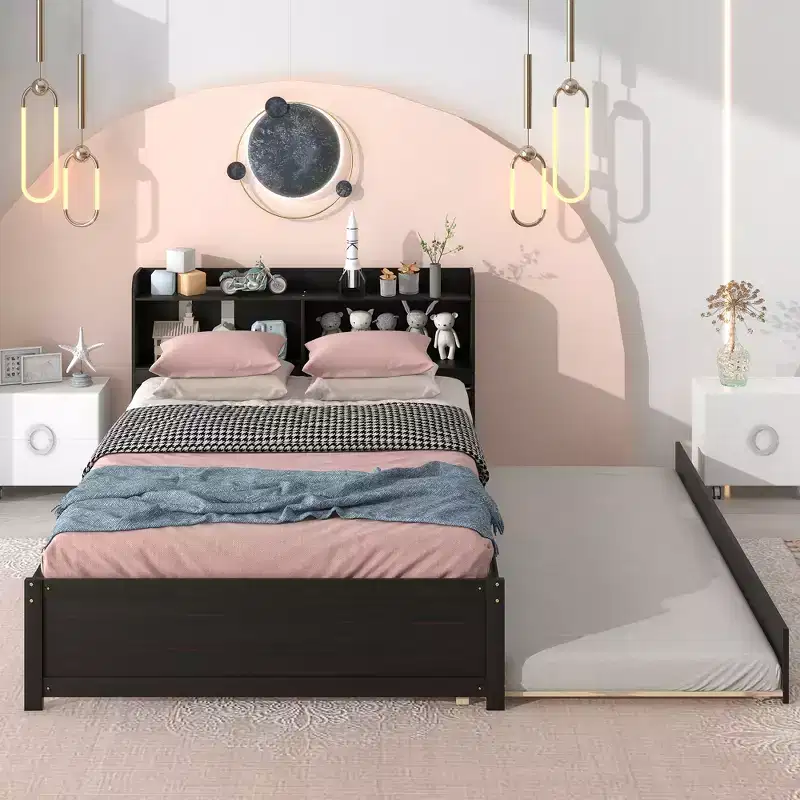 Full Size Storage Headboard Bed with Pull Out Trundle Solid Pine Wood Bed Frame