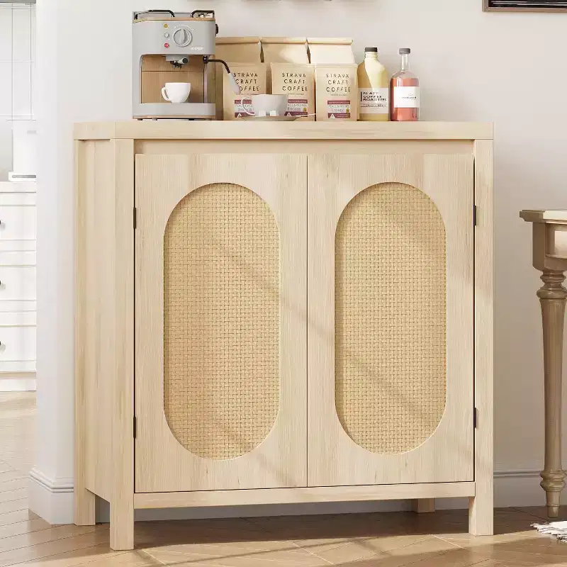 Mid Century Sideboard Buffet - Retro Storage Cabinet with Rattan Doors & Adjustable Shelf, Accent Console for Living Room, Dining Room