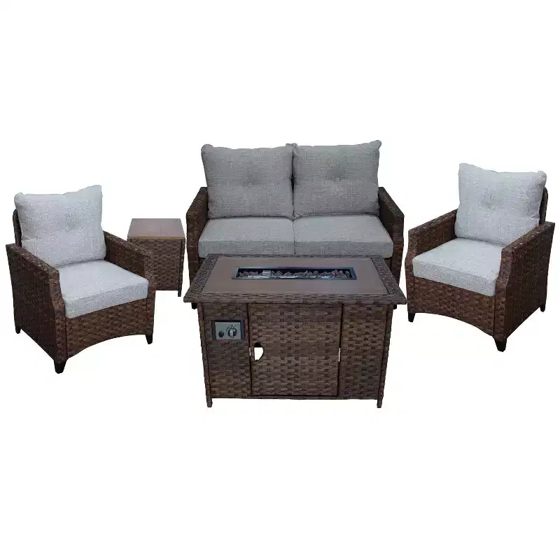 Courtyard Casual Costa Mesa 5 pc Loveseat Set - Brown One Sofa, Two Club Chairs, One End Table, & One Fire Pit frame with solution dyed Poly fabric