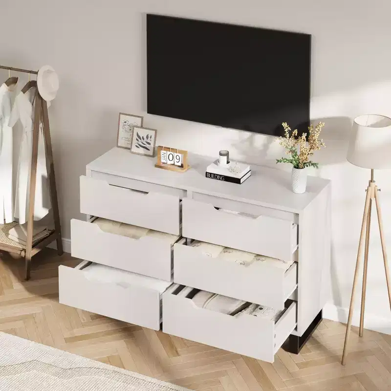 COZONY 6 Drawer Dresser 47.2 Wide Wooden Storage Cabinet, Freestanding Chest with Large Storage for Bedroom, Living Room, Hallway, White