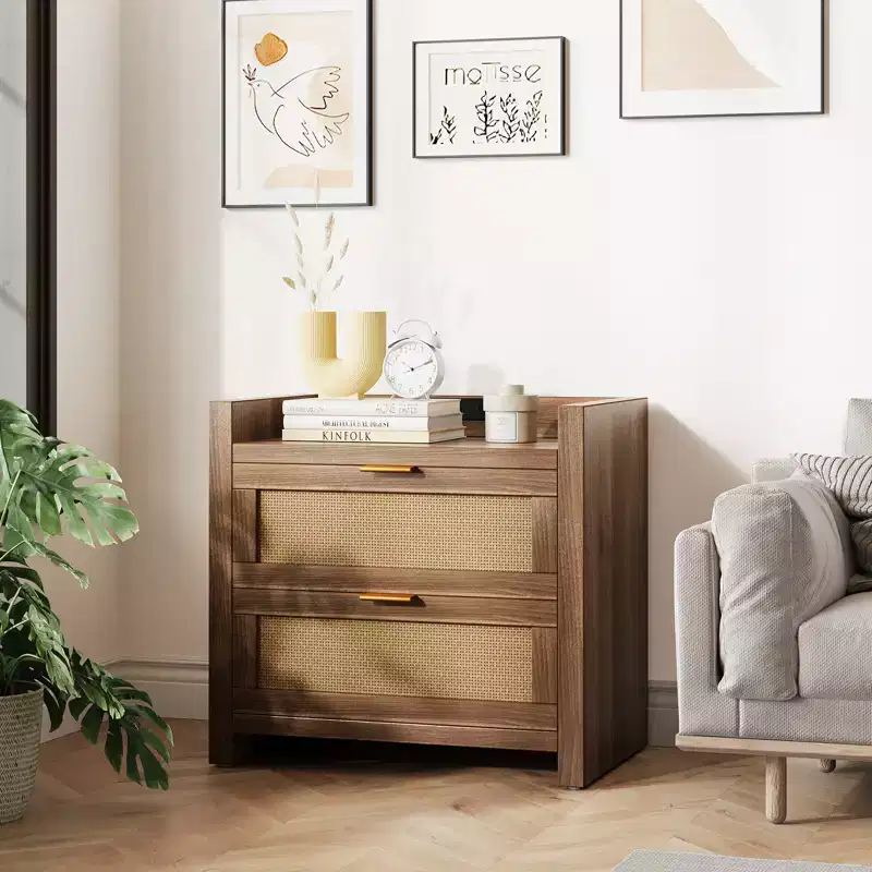 Night Stand Set of 2, Modern Nightstand, Bedside Tables with 2 PE Rattan Drawers, Rattan Nightstands for Bedroom Living Room