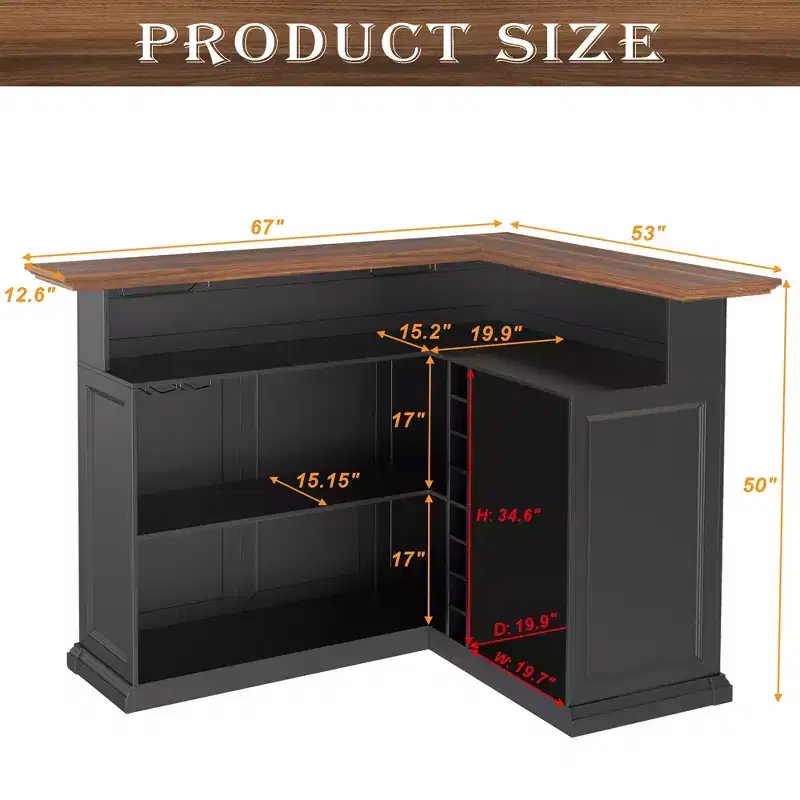 GDLF L Shaped Home Bar Cabinet with Fridge Space, Oversized Modern Basement Bar Table