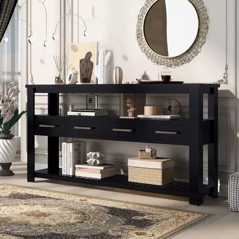 Okak 62.2IN Narrow Console Table with 2 Shelves, Entryway Table with 4 Drawers and Metal Handles, Accent Table for Entryway, Living Room