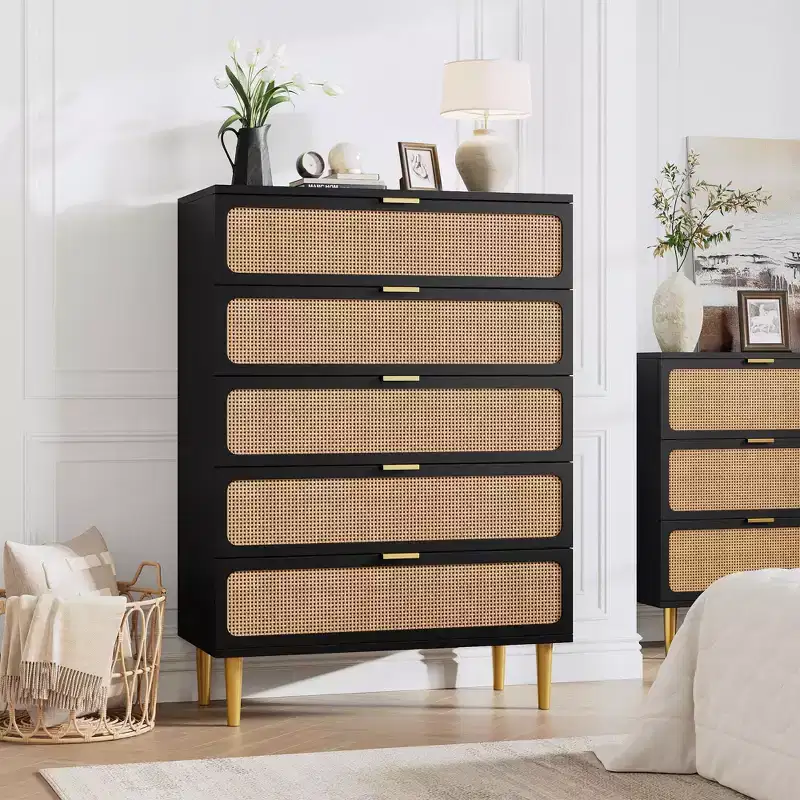 Whizmax Rattan 5 Drawer Dresser for Bedroom, Tall Dresser with Deep Drawers, Large Chest of Drawers for Closet with Wide Top for Living Room, Hallway