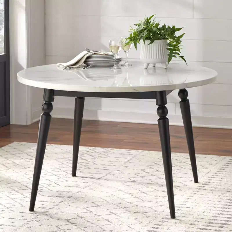 Lifestorey Bertona Faux Marble 46" Round Dining Table with Spindle Legs Black