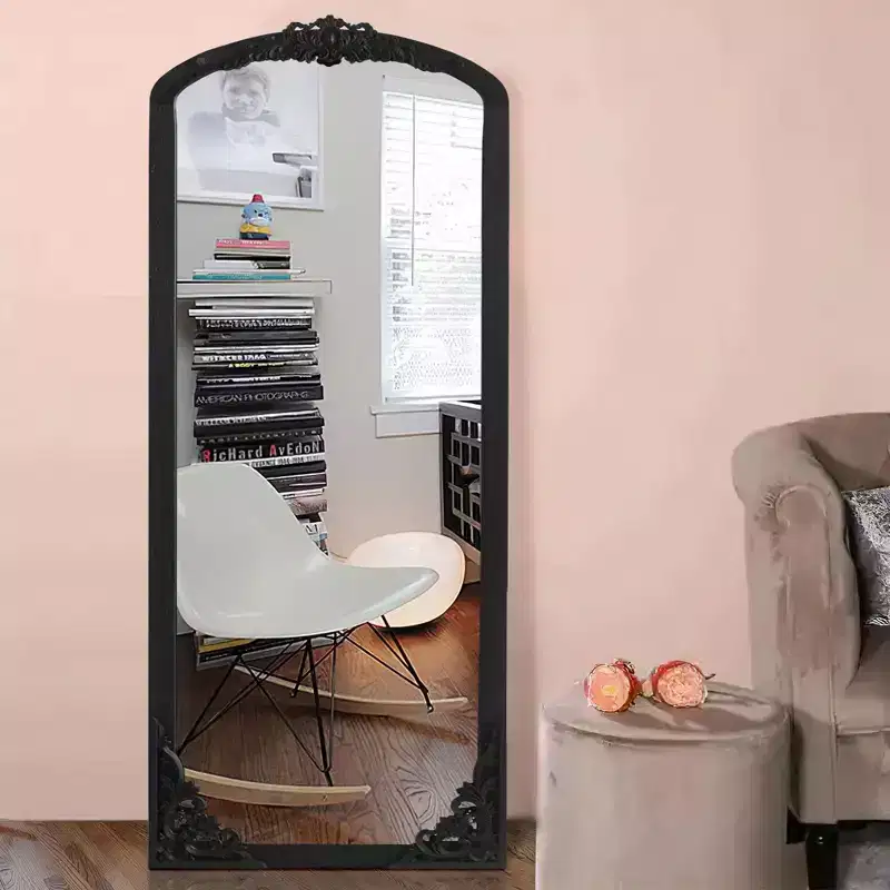 PexFix 30 in. W x 69 in. H Rustic Arched Solid Wood Framed DIY Carved Full Length Mirror in Black
