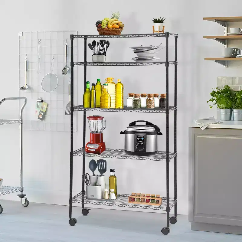 5-Tier Heavy-Duty Metal Wire Shelving Unit - 750 lb Capacity, Adjustable Shelf Heights, Lockable Wheels, Garage, Home & Kitchen