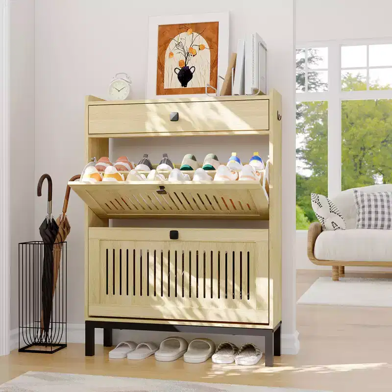 Shoe Cabinet with 2 Flip Drawers and Large Drawer, Wooden Hidden Shoe Storage Organizer with Adjustable Shelf for Entryway, Hallway, Living Room