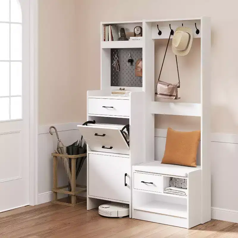 7-in-1 Entryway Hall Tree with Hidden Shoe Storage, Coat Rack, Pegboard & Bench