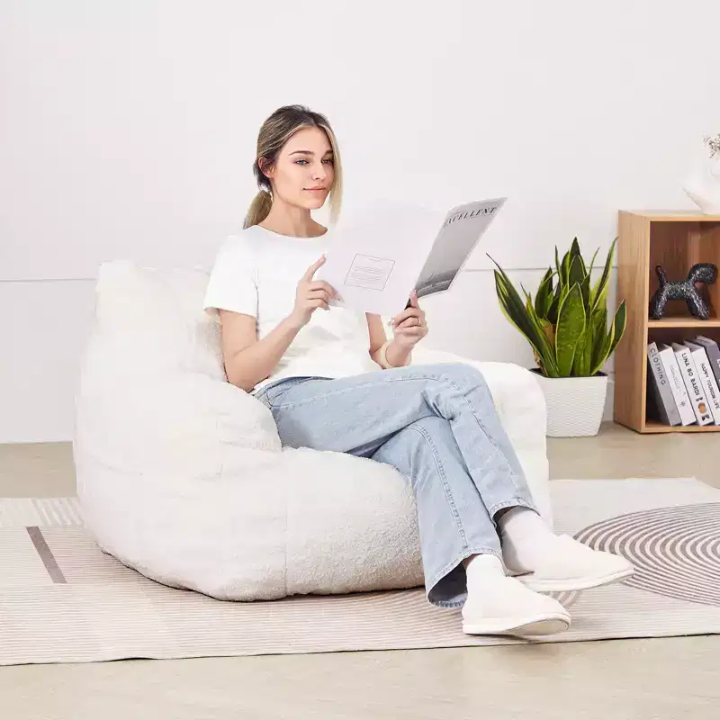 Bean Bag Chair, 3 feet Bean Bag Chair with Soft Armrests and Storage Pocket, 25D Memory Foam Filled with Soft Teddy Velvet Cover, White