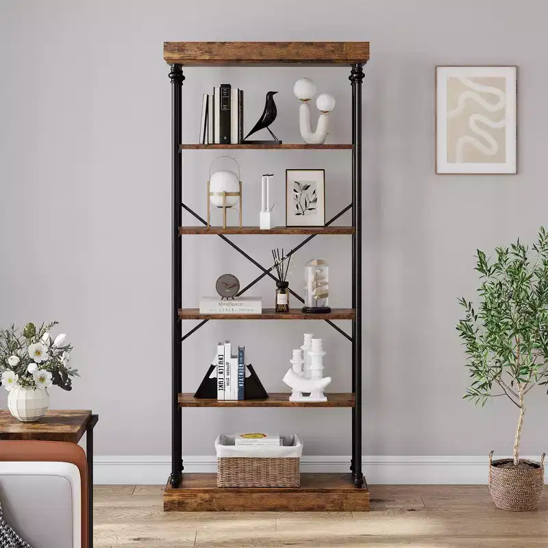 6-Tier Industrial Bookshelf, Wood & Metal Frame, 73.6