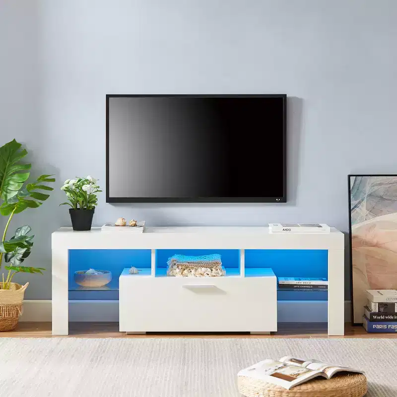GDFStudio Soledad Modern LED TV Stand with Storage and Glass Shelf