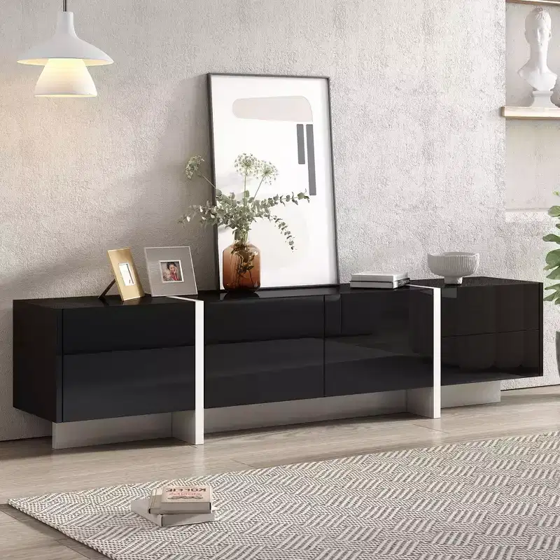 TUYOHW Modern TV Stand with High Gloss UV Surface for TVs up to 80 Inches,Entertainment Center with 3 Cabinets and 2 Drawers,Black