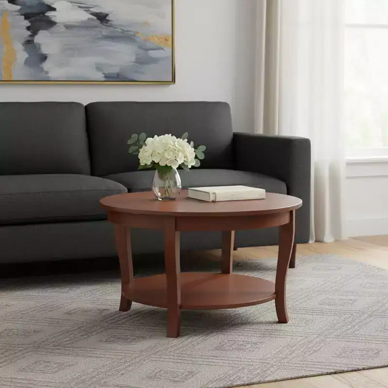 HomeRoots 30 Walnut Wood Round Coffee Table With Shelf
