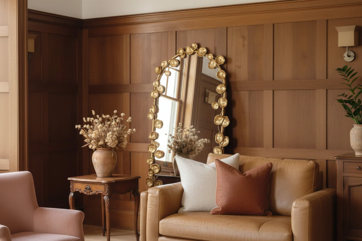 51.5*29IN Arched Full Length Mirror with Golden Leaf Accents, Decorative Wall Mirror, Body Mirror for Makeup Room, Clothing Store, Gold