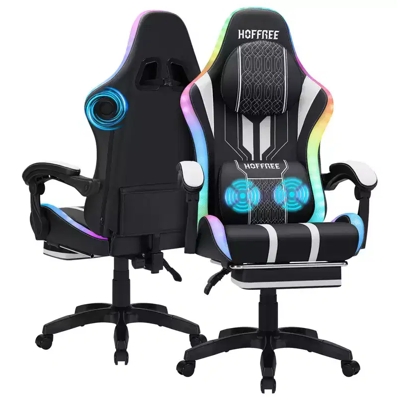 Hoffree Extra Large Massage Gaming Chair Ergonomic Office PC Chair with Bluetooth Speaker & RGB Light